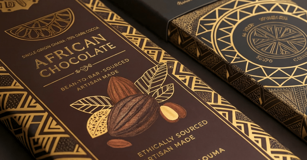 Close-up of premium African dark chocolate bar packaging with gold-foil design and cocoa illustration, made in Ghana