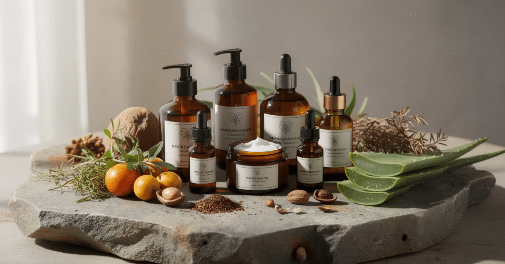 African organic skincare range displayed on stone slab with indigenous ingredients like aloe vera and marula, promoting ethical beauty from Africa