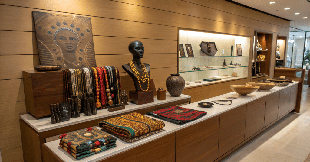 African boutique store showcasing handcrafted jewellery, beadwork, textiles and ceramics, highlighting pan-African artistry and retail excellence