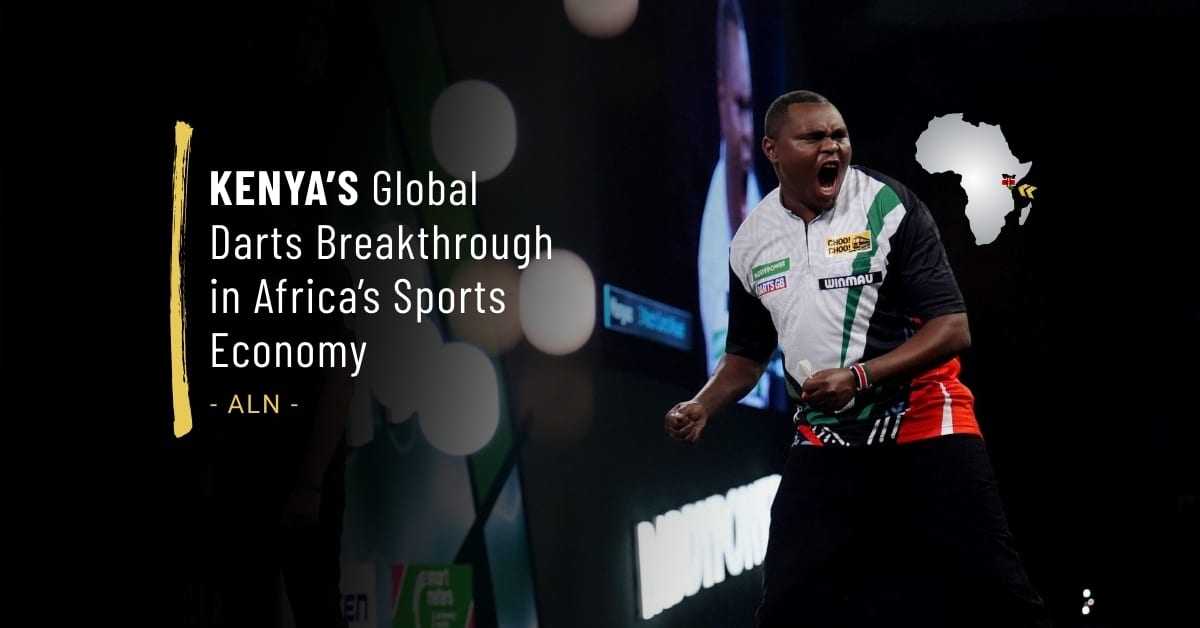 Kenyan athlete celebrating a historic breakthrough on the global professional darts stage, signalling Africa’s growing sports economy