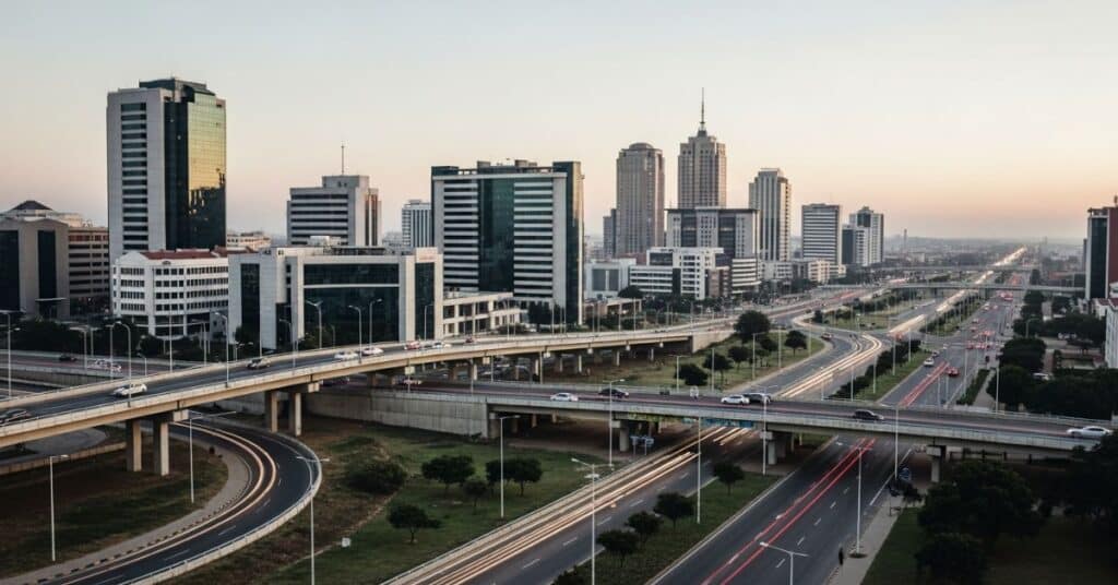 A modern African city skyline at dusk with elevated highways and flowing traffic, representing urban infrastructure, connectivity, and economic systems in motion.