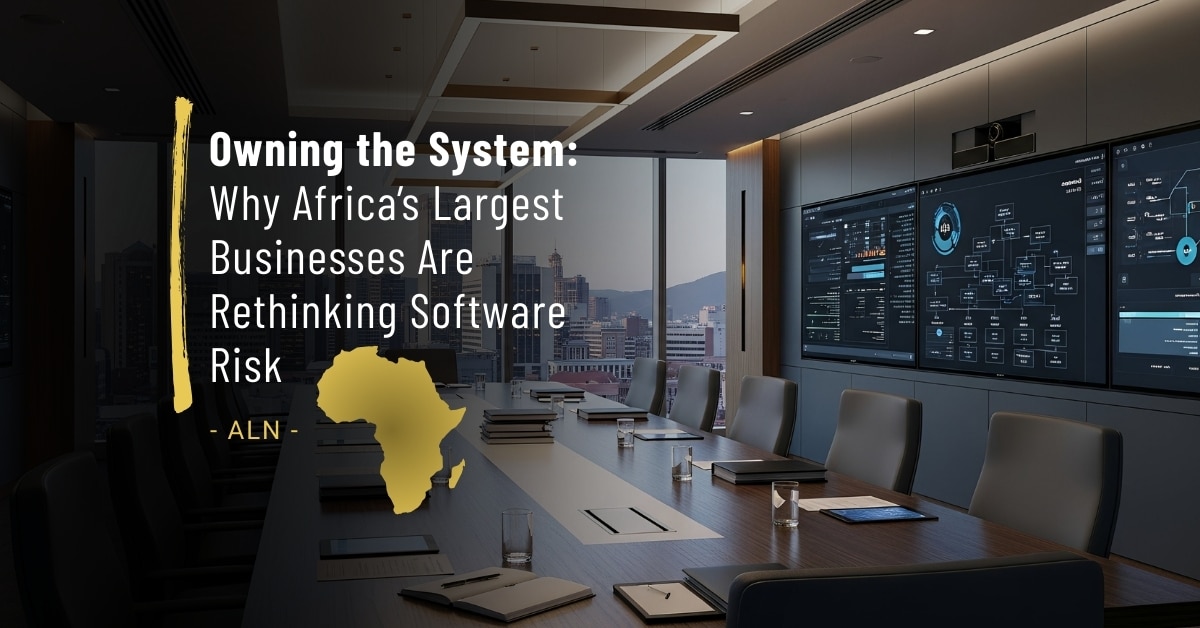 Empty corporate boardroom overlooking an African city at dusk, with enterprise system dashboards still active, symbolising board-level oversight, governance, and software ownership.