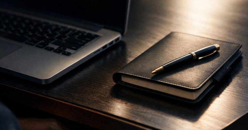 A close-up of a laptop beside a closed notebook and pen on a wooden desk, representing planning, documentation, and preparation in a professional business setting.