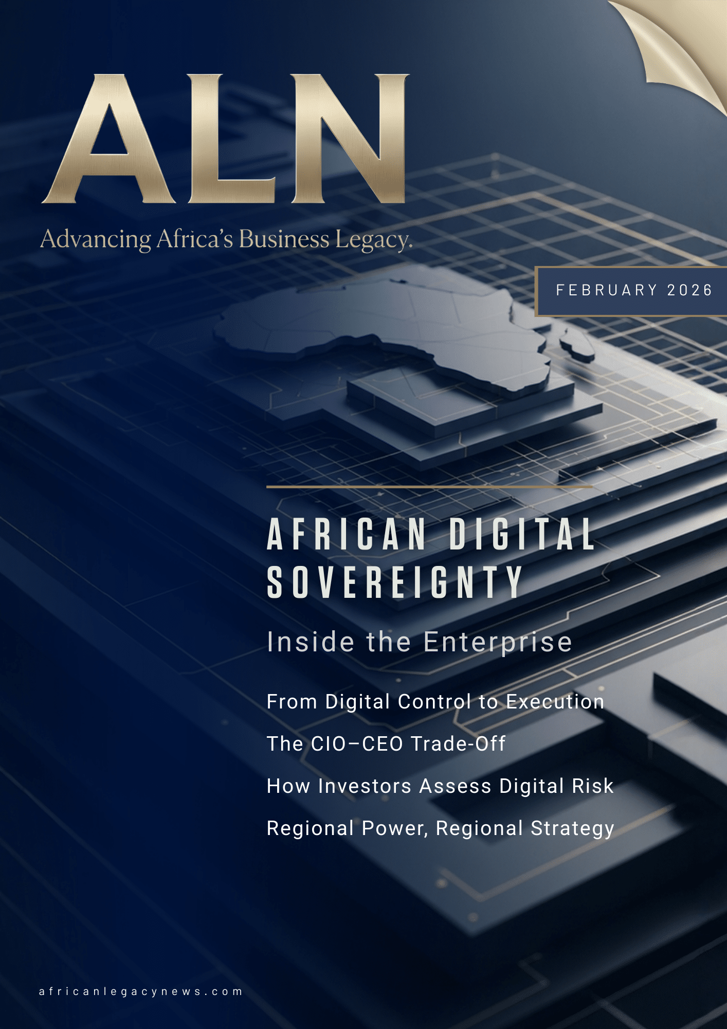 Cover of African Legacy News February 2026 edition titled “African Digital Sovereignty: Inside the Enterprise,” focusing on enterprise control, digital risk and regional strategy.