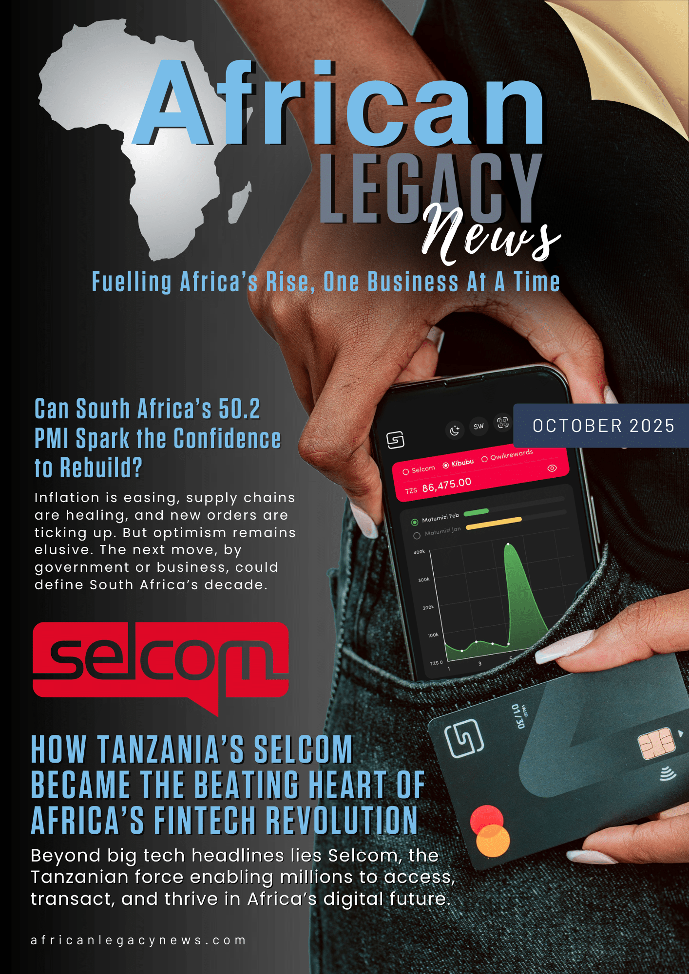 Cover of African Legacy News October 2025 edition featuring Tanzania’s Selcom and analysis of South Africa’s PMI and financial sector momentum.