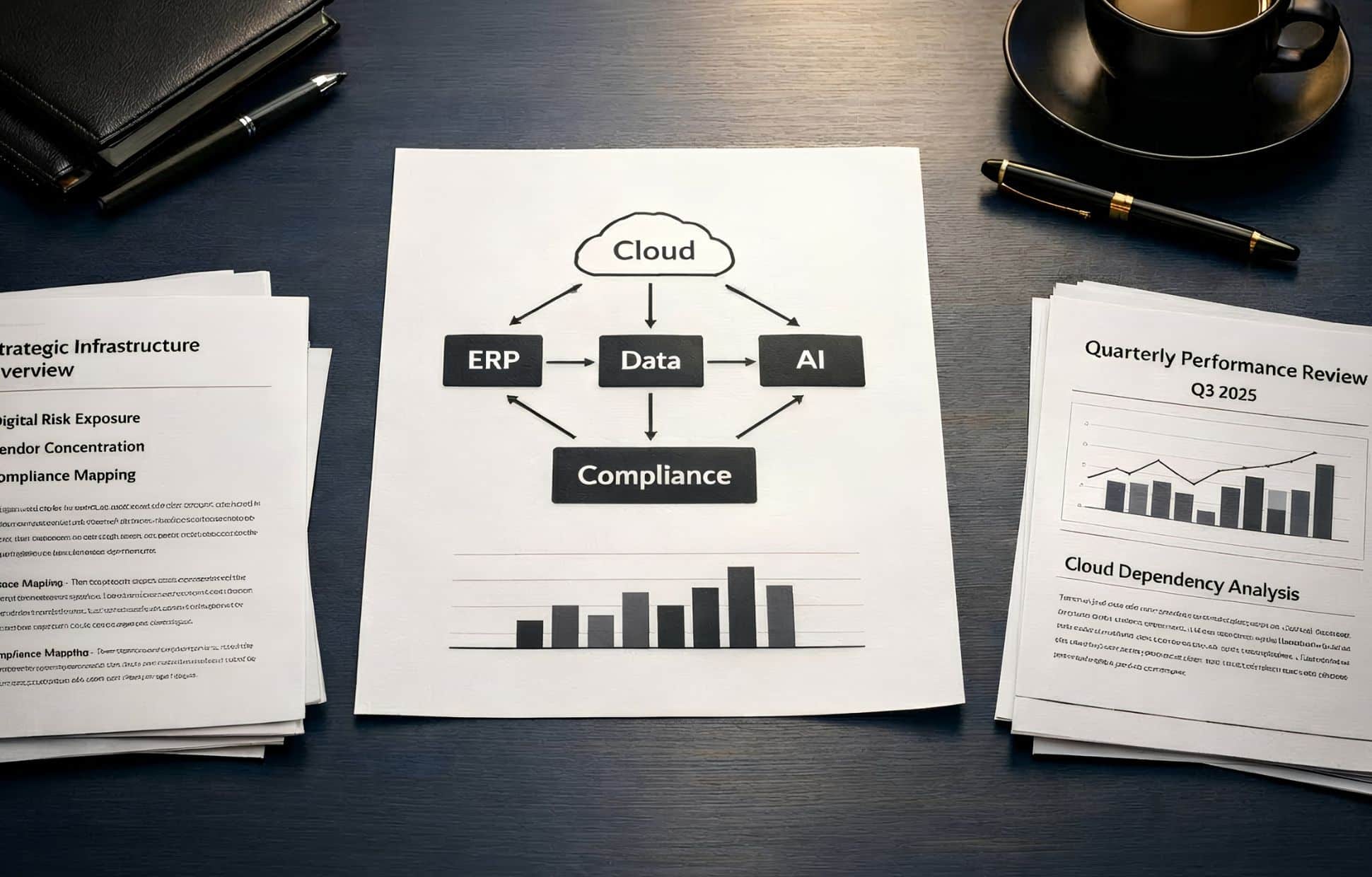 Diagram showing cloud, ERP, data and AI systems linked to compliance oversight in an enterprise digital governance framework.