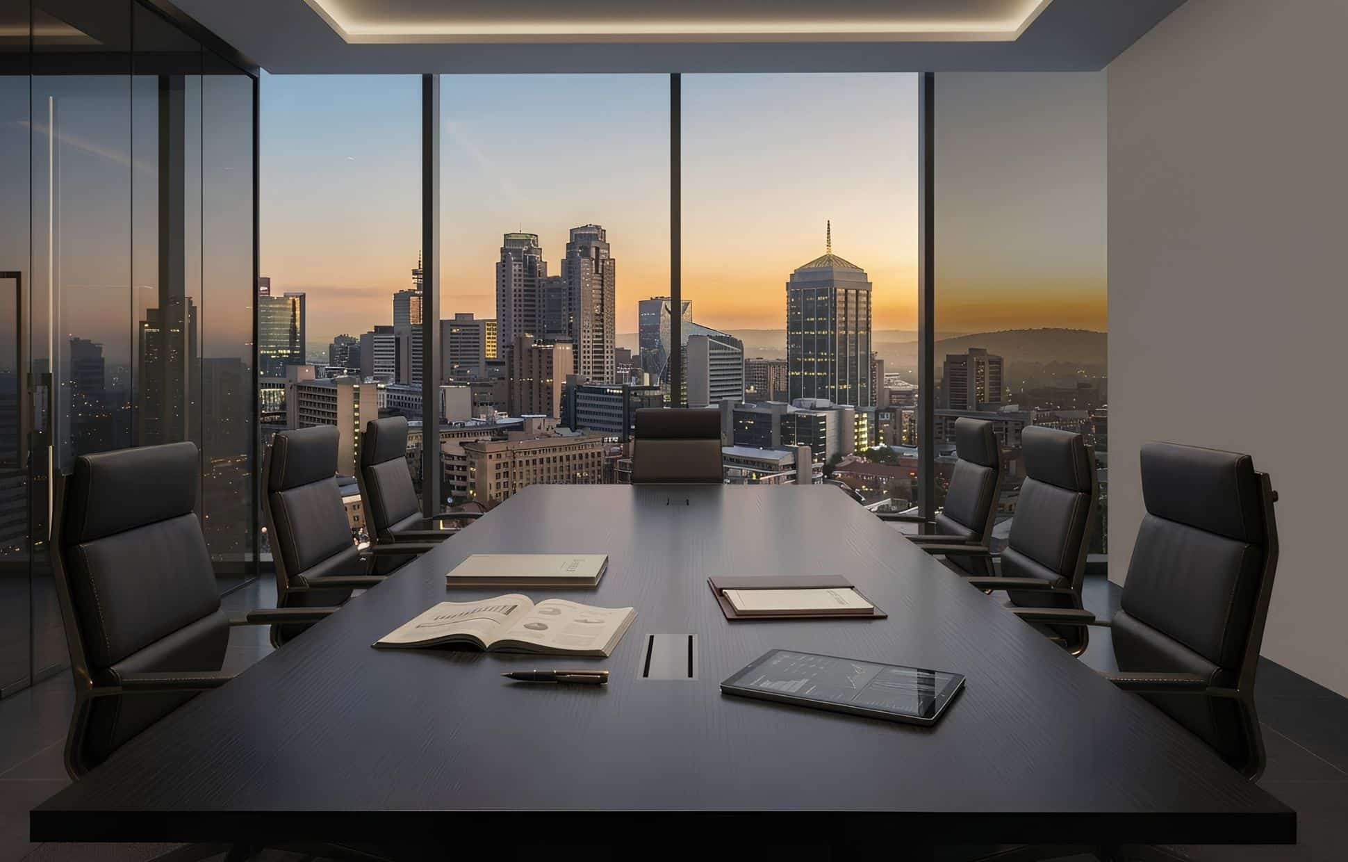 Premium executive boardroom overlooking Johannesburg’s Sandton financial district at dusk, symbolising strategic business leadership and African enterprise intelligence.