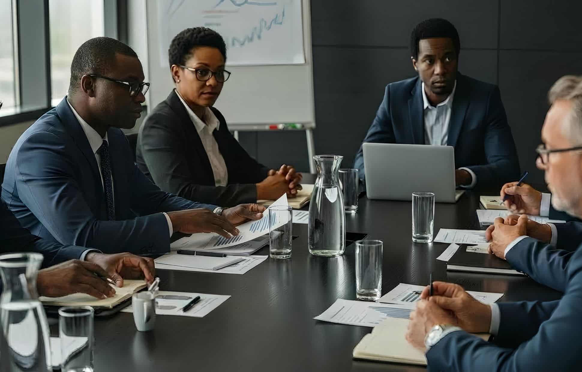 Board-level executives reviewing enterprise control and digital governance documents in a strategic decision-making meeting.
