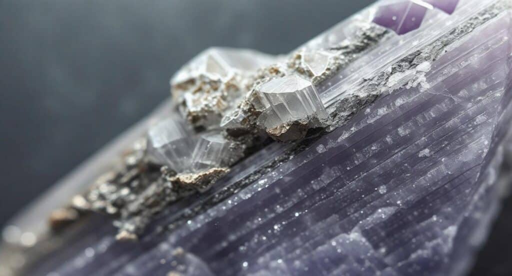 High-resolution macro image of lithium-bearing spodumene crystal with lilac mineral bands, a primary ore used in lithium extraction for electric vehicle batteries and energy storage systems.