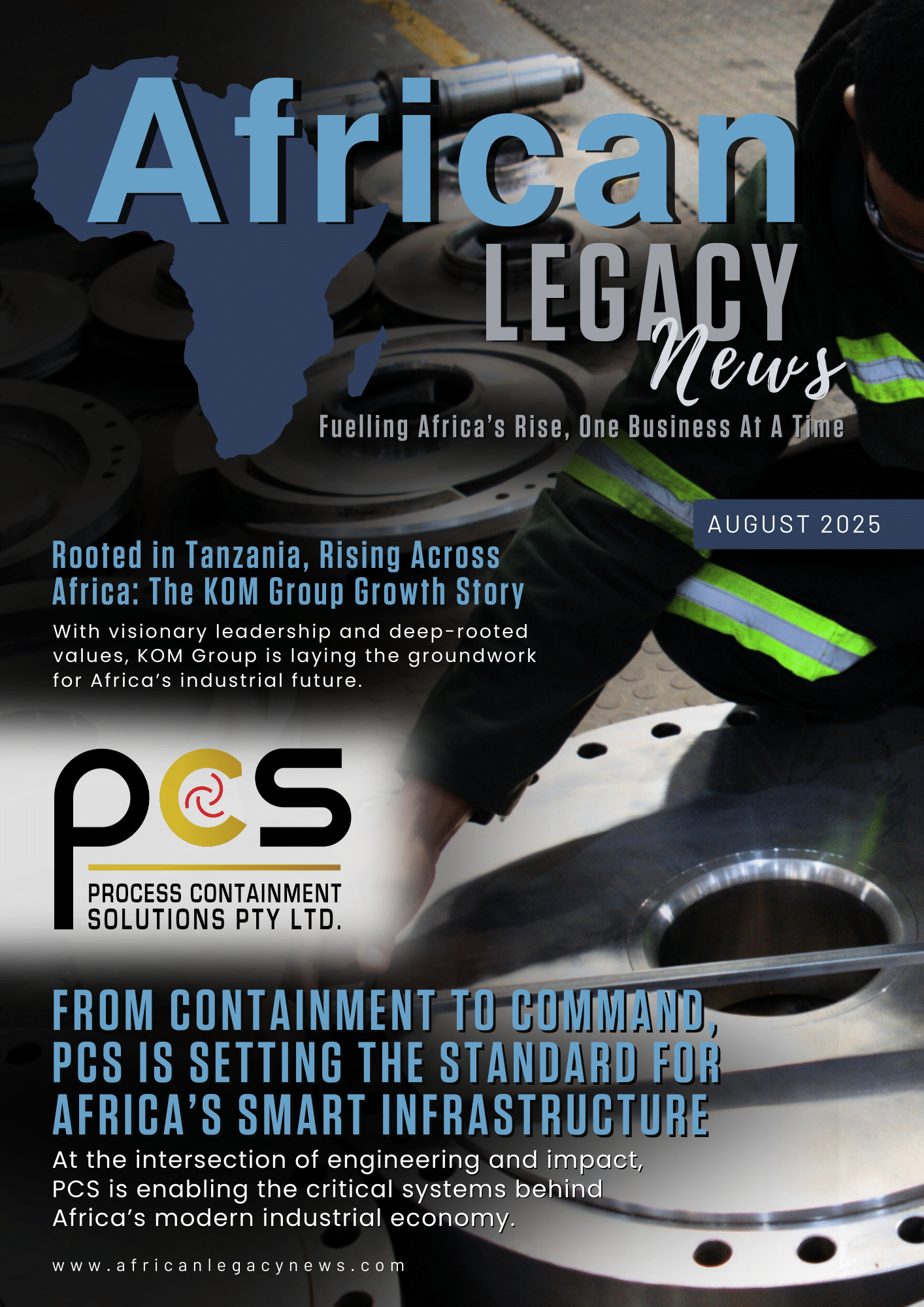 Cover of African Legacy News August 2025 edition highlighting PCS and industrial infrastructure leadership across Africa.