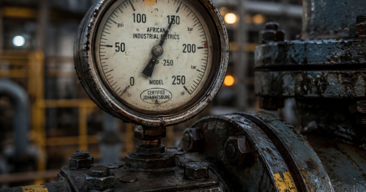 Close-up of an industrial pressure gauge on worn machinery, representing operational stability, industrial resilience and the discipline required before scaling African industrial systems.