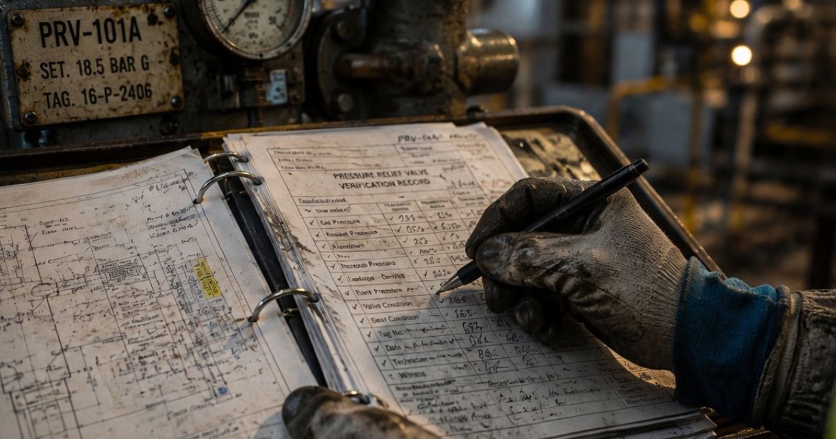 Industrial maintenance worker recording inspection data on a clipboard inside a processing facility, representing operational risk, reliability, uptime and capital confidence in African industrial systems.