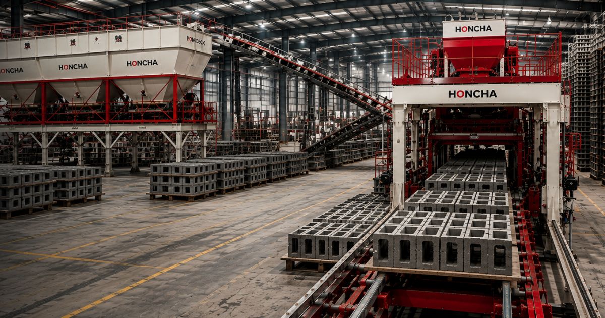 Automated brick manufacturing production line with concrete blocks moving through industrial machinery, representing execution discipline, commissioning, production performance and operational reality in African industry.