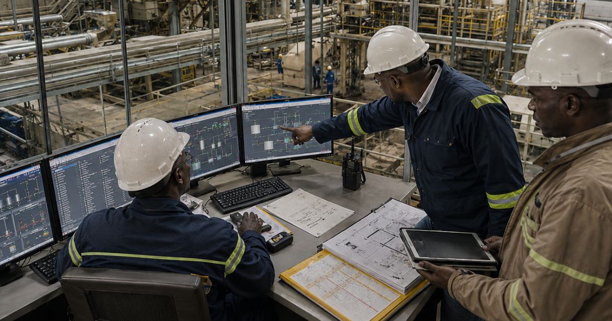 Industrial supervisors wearing hard hats review operational screens and technical plans inside a processing facility, representing leadership judgement, constrained decision-making and industrial operations under pressure.