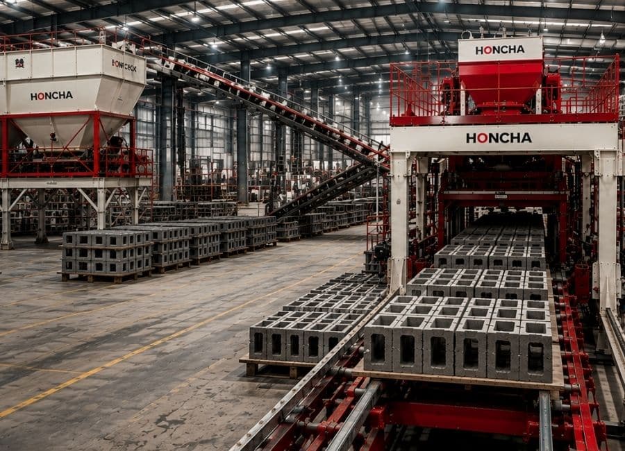 Automated brick manufacturing production line with concrete blocks moving through industrial machinery, representing execution discipline, commissioning, production performance and operational reality in African industry.